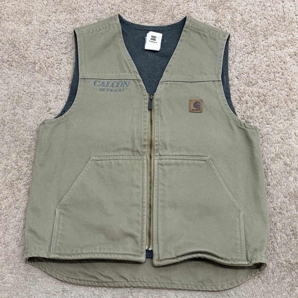 Vintage Carhartt Fleece Lined Vest Men's Medium Tan Canvas Work Full Zip V19 TAN